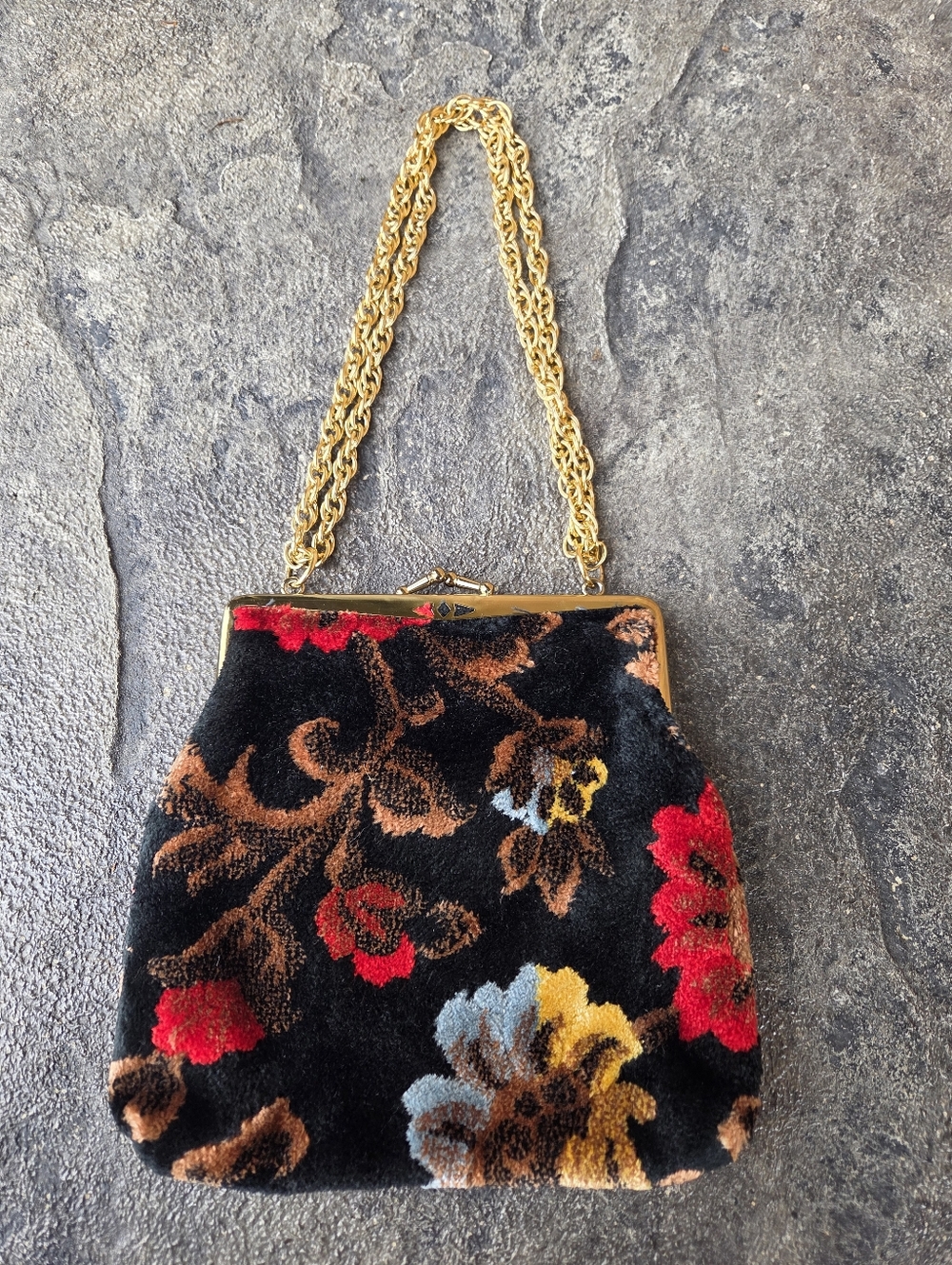 Gold-Handle Black Floral Chenille Velvet Carpet Evening Bag - Picture 2 of 9
